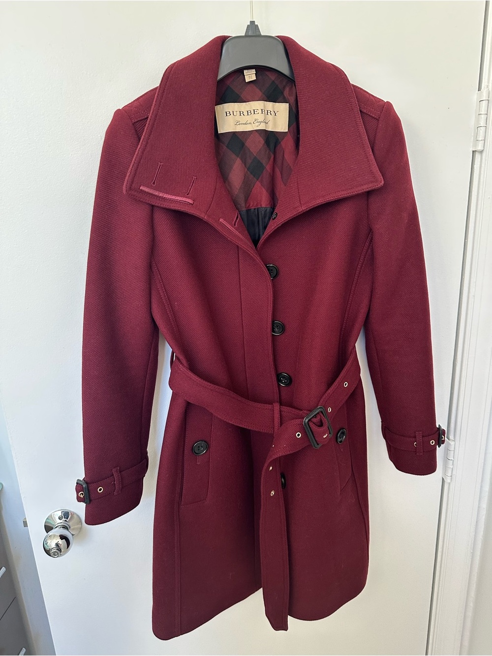 Burberry Burgundy Wool-Blend Trench Coat with Belt-brand new
